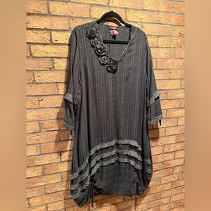 Lissmore Charcoal Pinstripe Rosette Drawstring Dress
